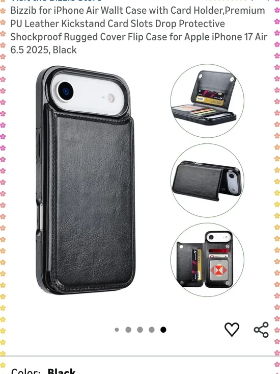 Premium Black Leather Wallet Case for iPhone 17 Air - Card Holder & Kickstand - Picture 6 of 9